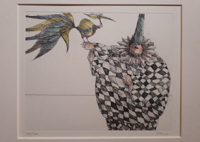 Harlekin mit Vogel - Radierung - 45 x 40 cm